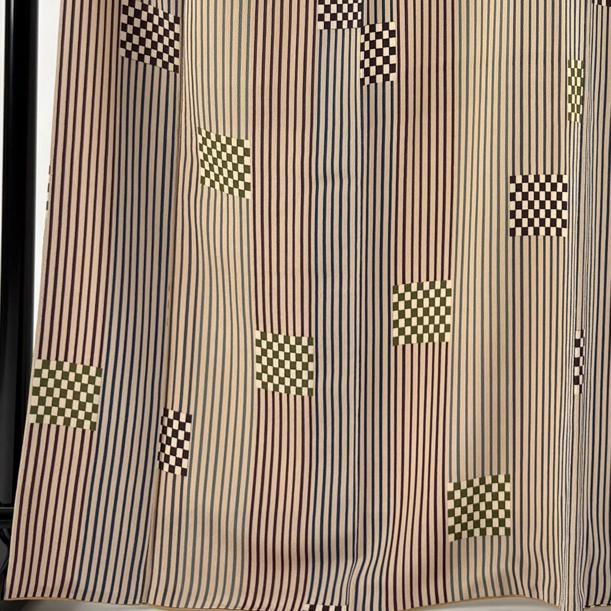 小紋 身丈168cm 裄丈66cm M 袷 袋帯セット 縦縞 市松 縮緬 薄茶色 正絹 秀品