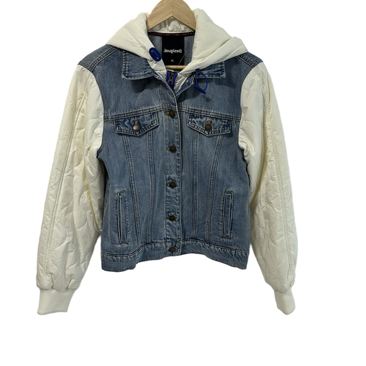 デシグアル ブルゾン サイズXL レディース - ライトブルー×アイボリー×マルチ 長袖 デニム ジップアップ フード 袖 中綿 春 秋