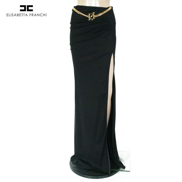 80 OFF エリザベッタフランキ ELISABETTA FRANCHI スカート40 ESK710 S Mサイズ ブラック レディース ロングスカート スリット入り チェーン飾り イタリア製