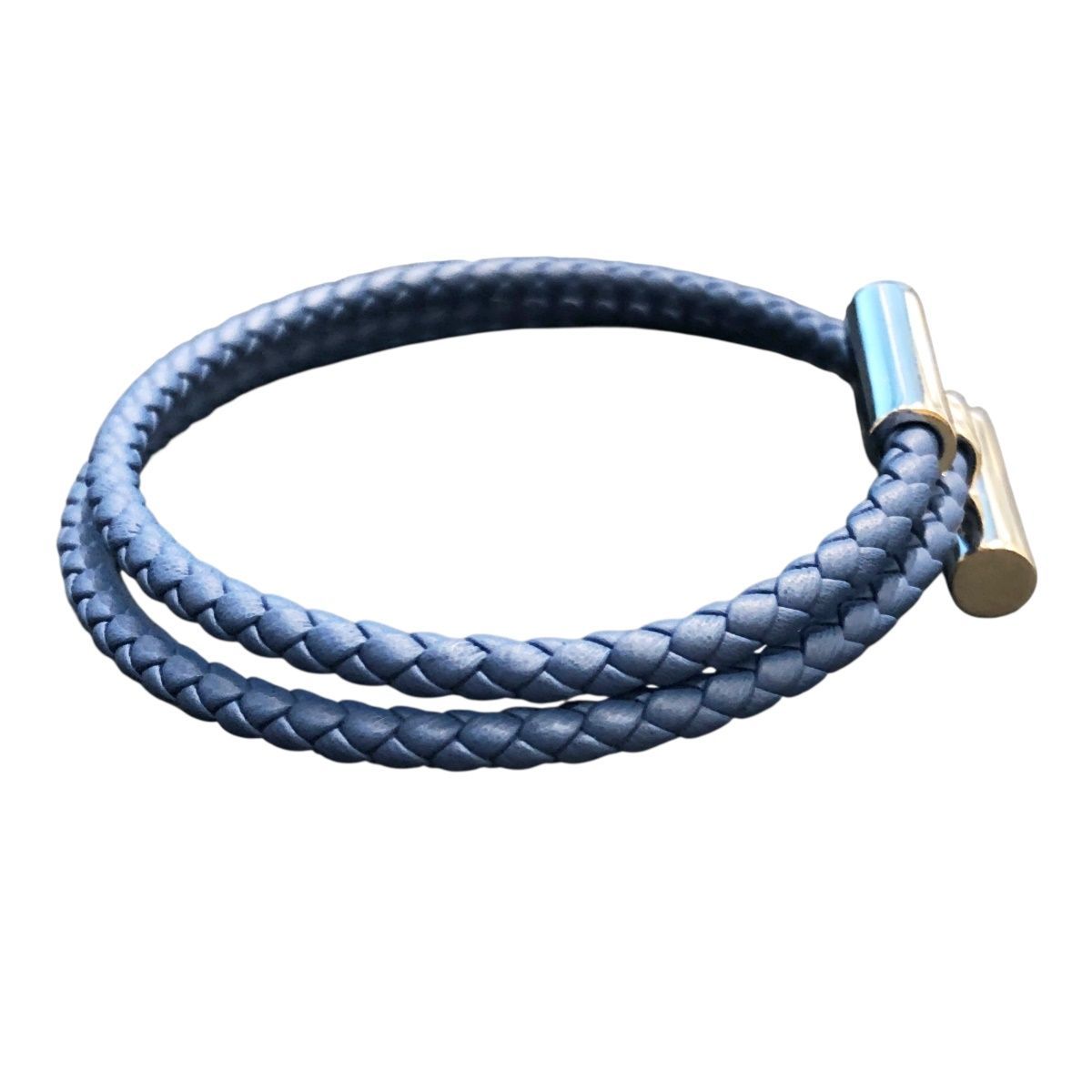 HERMES ネイビー レザー ブレスレット ❤お得なお品❤レザーブレスレット ネイビーxシルバー金具