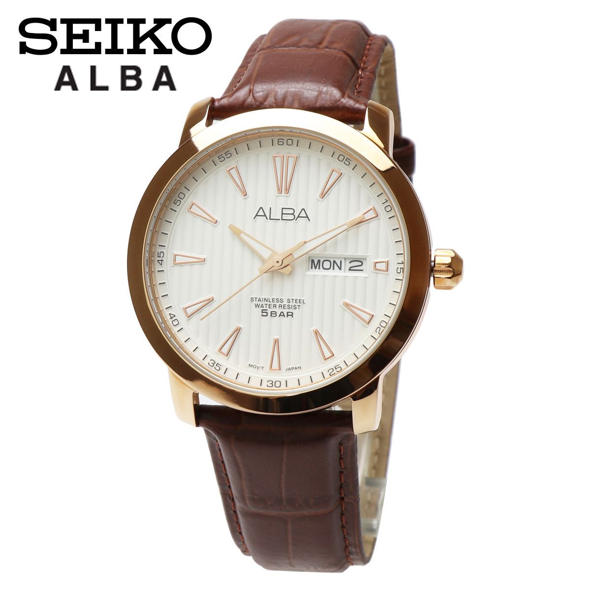 SEIKO セイコー ALBA アルバ AT2020X1 クォーツ メンズ ビジネス アナログ 曜日 日付 デイデイト カレンダー ホワイト ローズゴールド ピンクゴールド ブラウン レザーベルト 革ベルト 時計 腕時計 男性