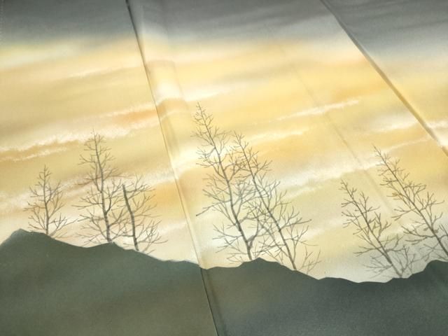 平和屋着物▽日本画家 水嶋征夫 訪問着 手描き 白鷺 暈し染 正絹