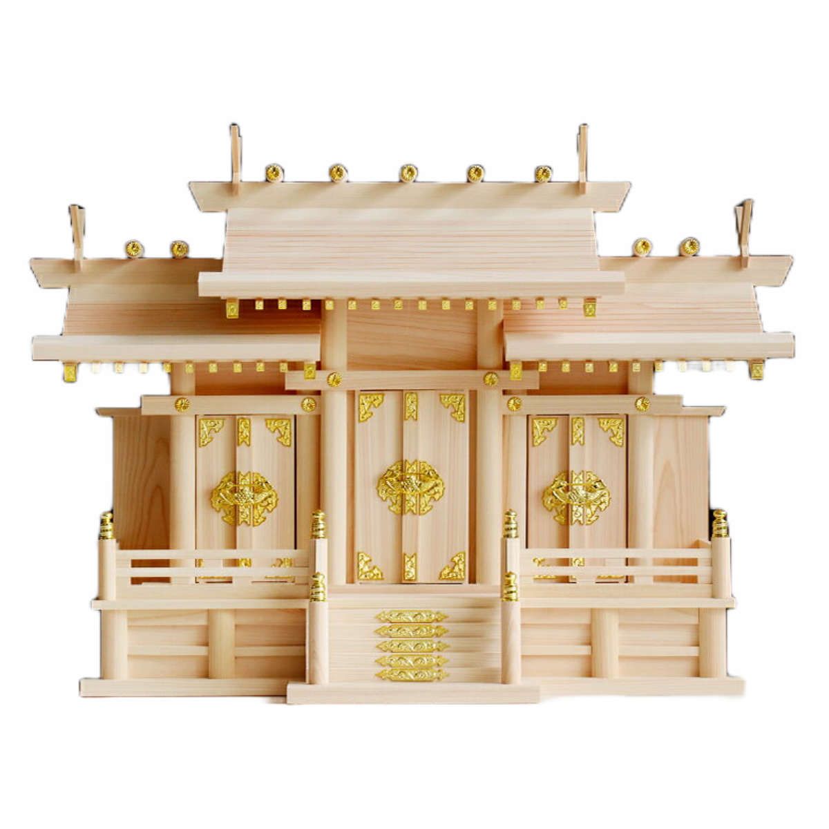 【国際ブランド】 神棚 屋根違い 三社 大 神殿 宮形 桧 檜 神具 神明造り 三社宮 袖付き 白木造り お札入れ お供え お札 御神札 新築 お正月 神札 御札立て ひのき 天然木 置き型 祀る