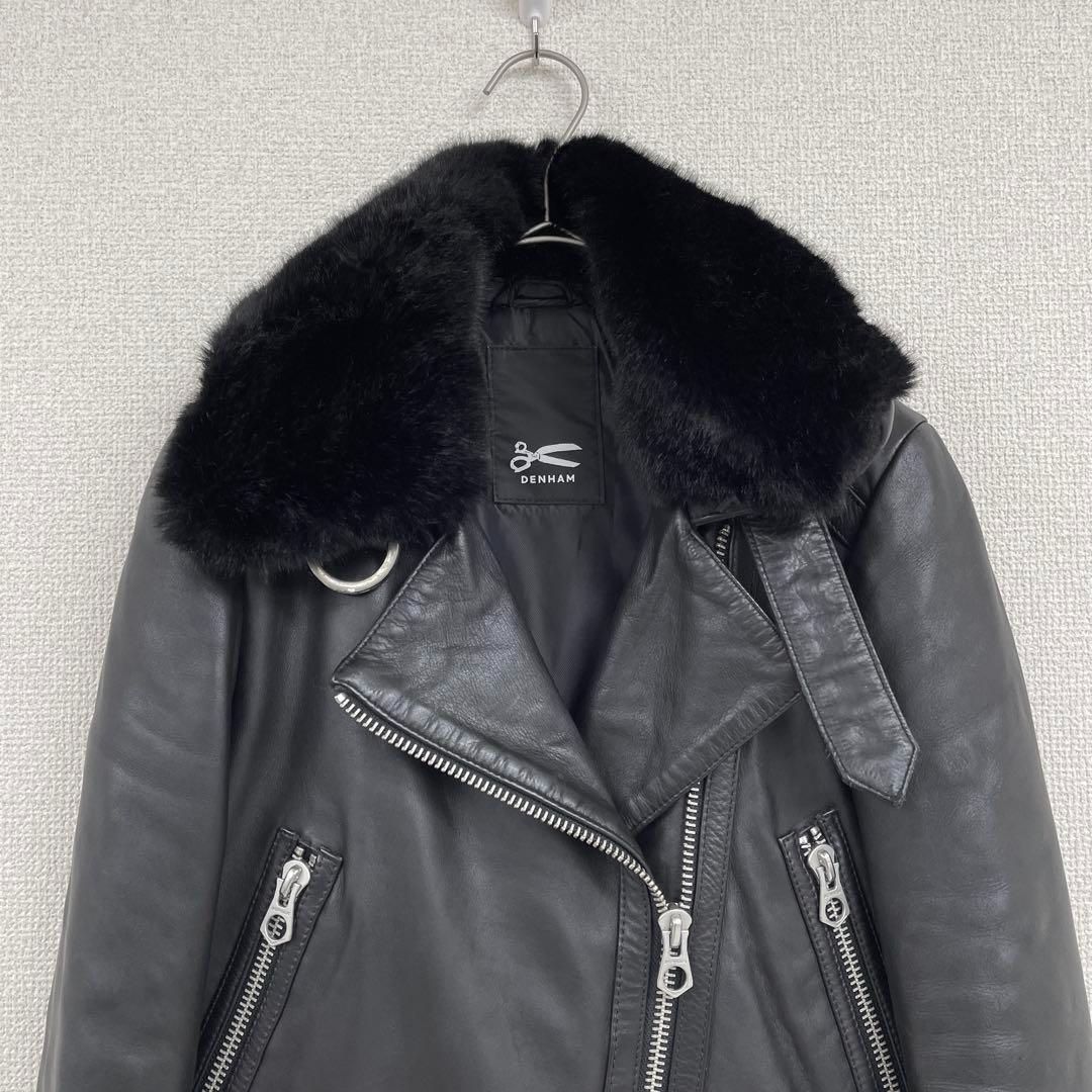 デンハム　レザージャケット　ダブルライダース　牛革　ファー　黒　ブラック　XS デンハム レザージャケット ダブルライダース 牛革 ファー 黒 ブラック