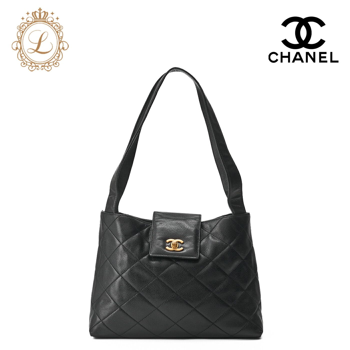 CHANEL シャネル ショルダーバッグ マトラッセ キャビアスキン 黒 ココマーク ターンロック ビコローレ ゴールド金具 レディース 送料無料