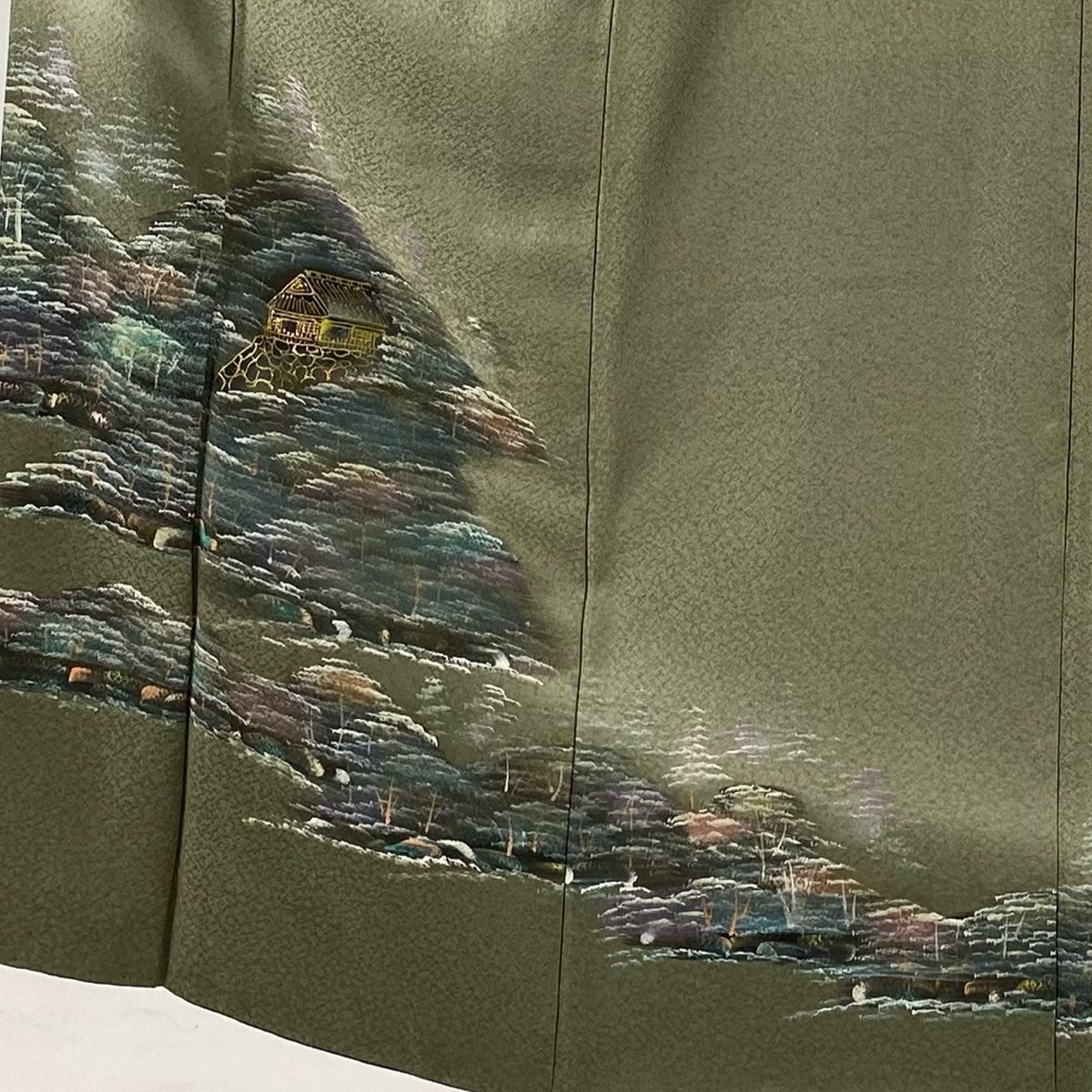 付下げ 身丈150cm 裄丈62.5cm S 袷 家屋 松 金彩 ぼかし 灰緑 正絹 秀品