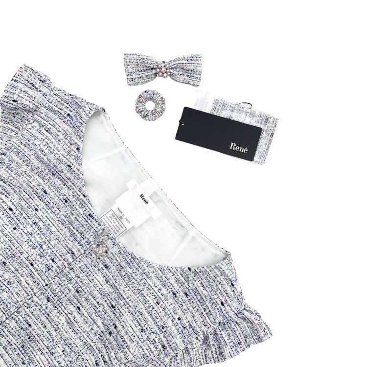 Rene ルネ ツイード ワンピース リボンブローチ付 ブルー 36