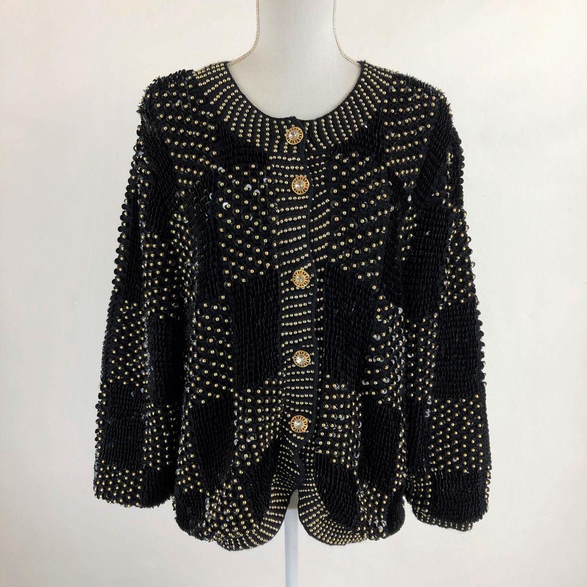 古着】 レディースカーディガン 総スパンコール ビーズ使い ブラック系  