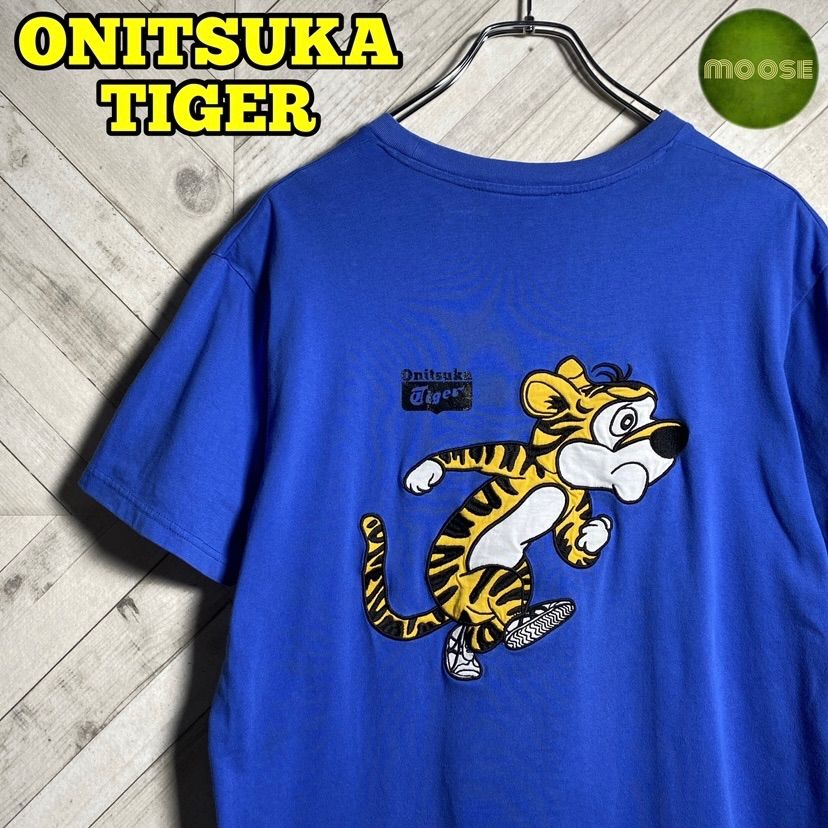 【良品】Onitsuka Tiger｜オニツカタイガー，半袖Tシャツ ，刺繍デザイン，アニマル，アシックス ジャパン，ブルー系