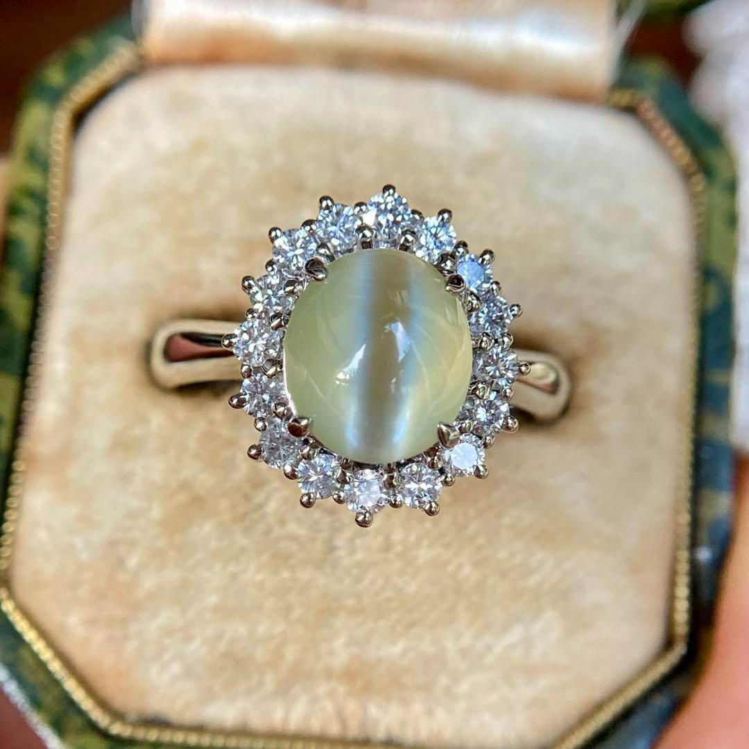 pt900 ミルク-ハニー クリソベリルキャッツアイ3.328ct ダイヤモンド リング 指輪｜鑑別書付き