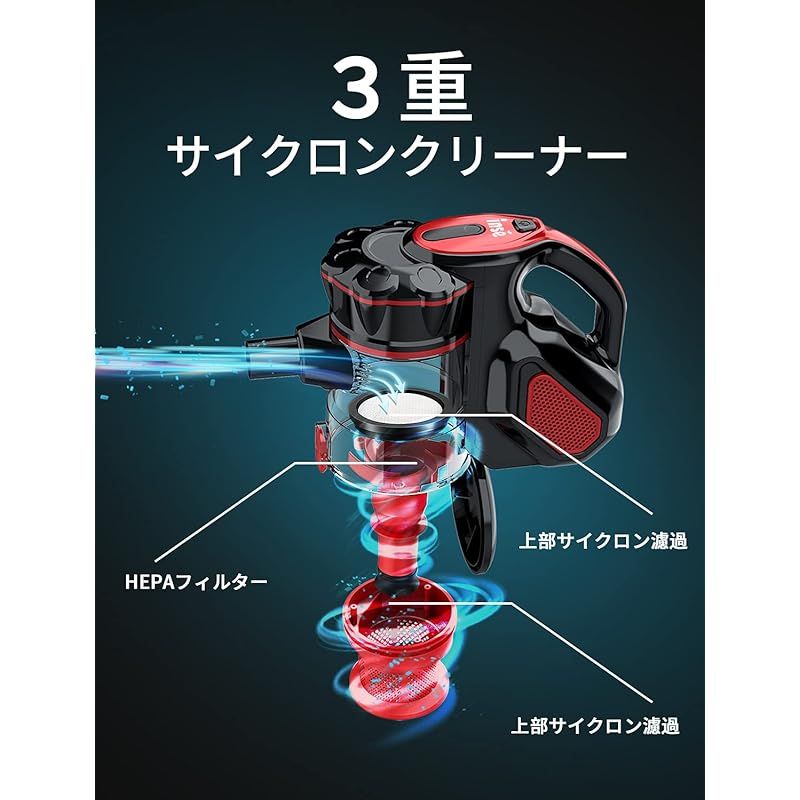 INSE コード式掃除機 サイクロン 18000Pa 600w 超吸引力 多層濾過 2in1 スティック& ハンディクリーナー サイクロンスティック掃除機 6mコード I5 （レッド）