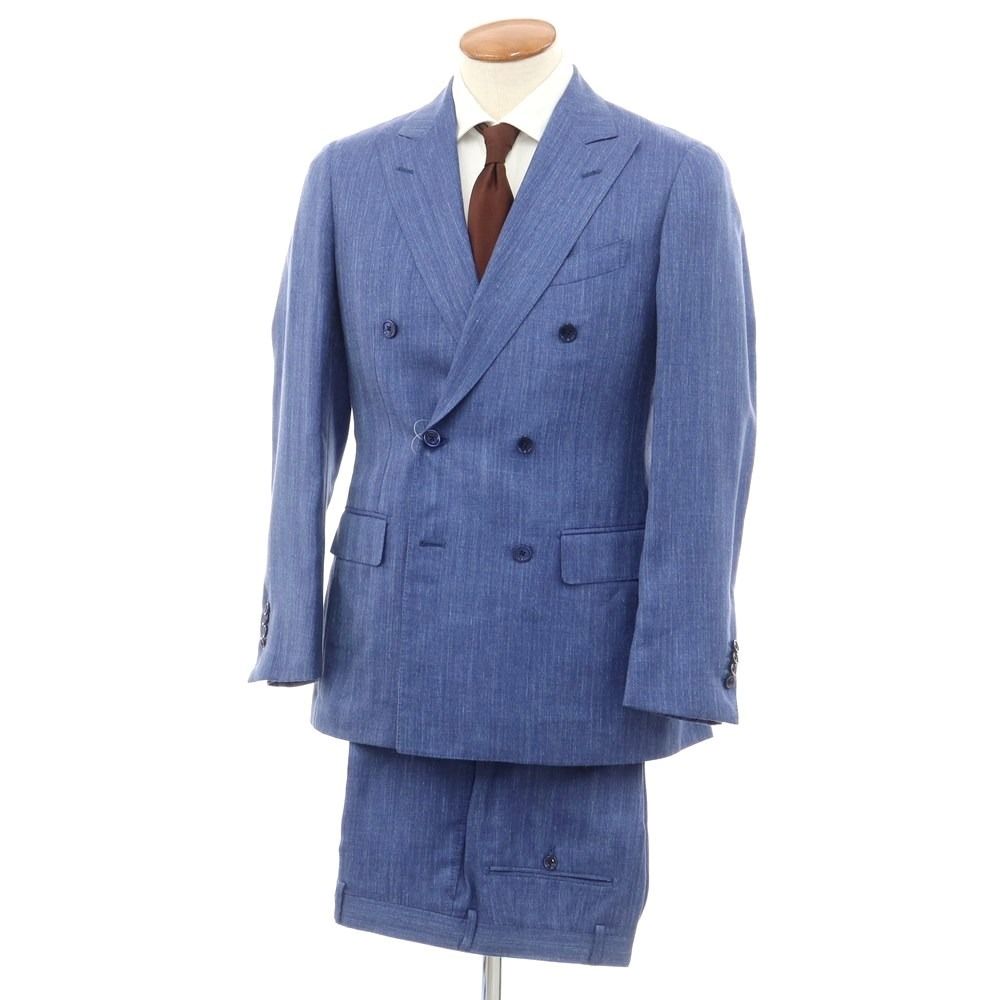 【中古】カスタムテーラー ビームス Custom Tailor BEAMS ウールシルクリネン ダブルスーツ スマルトブルー系【サイズM位】【メンズ】