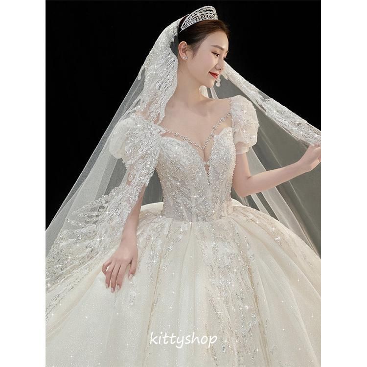 ウェディングドレス パフスリーブ ブライダルドレス Aライン トレーンドレス 結婚式ドレス 花嫁ドレス 袖あり Vネック 披露宴 二次会ドレス