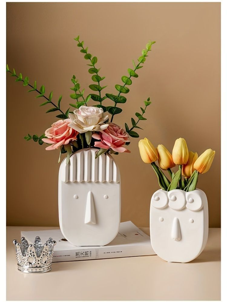 花瓶 花びん セラミック おしゃれ ユニークな顔型 2個セット モダン シンプル ホワイト インテリア雑貨 花器 生け花 装飾 玄関 リビング ダイニング ギフト プレゼント 贈り物 棚装飾