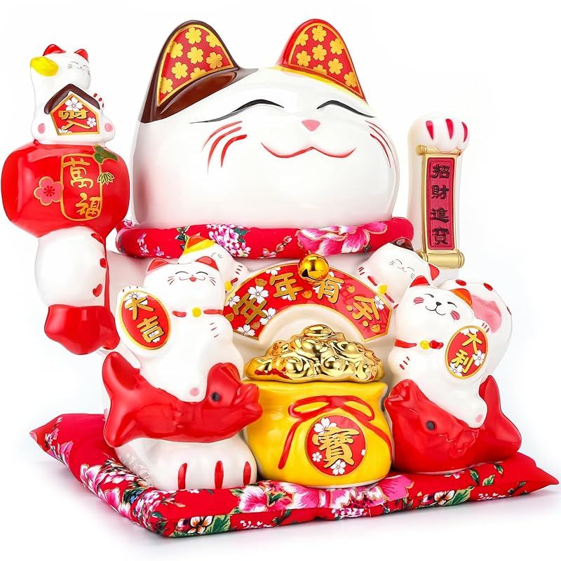 EnergyPower 電動招き猫 白磁製 大型 モデル 座布団付 電池 USB 磁器製 まねき猫 手描き ハンドメイド かわいく手招きします ネコ ねこ 開店祝いや開業祝いに 自動で腕振り ラッキーアイテム 運気向上 金運アップ 商売繁盛