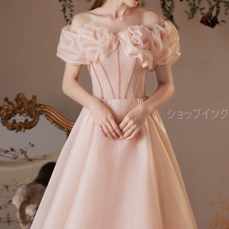 ドレス 編み上げ オフショルダー シフォン 前撮り ピンク ミモレ丈 結婚式 二次会 発表会 演奏会 ウェディングドレス ウエディングドレス Aラインドレス