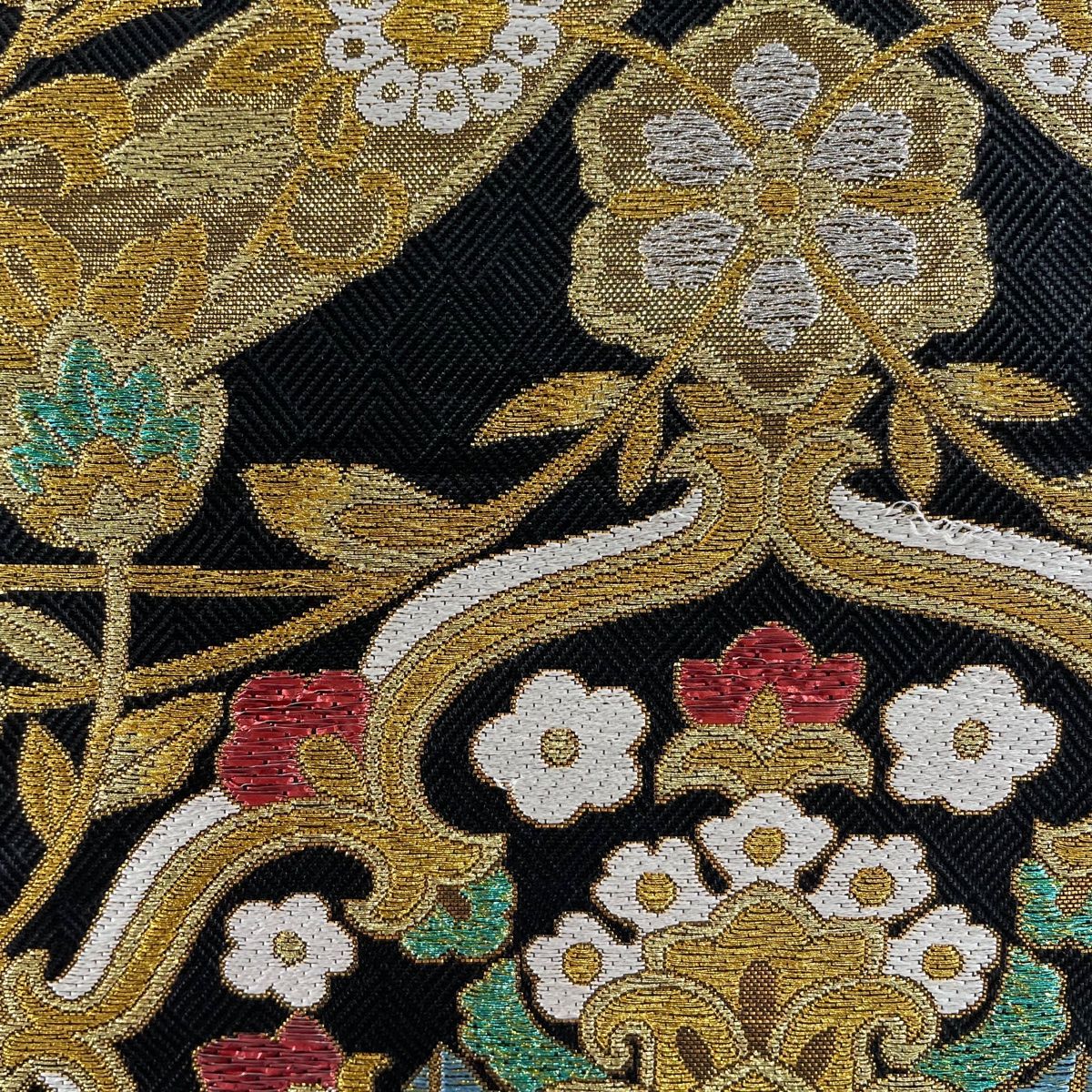 袋帯 美品 秀品 花 花唐草 金銀糸 箔 黒 六通 正絹 【中古】