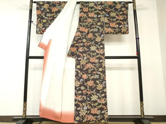 平和屋着物▽上質な紬 単衣 本藍 型絵染 花唐草