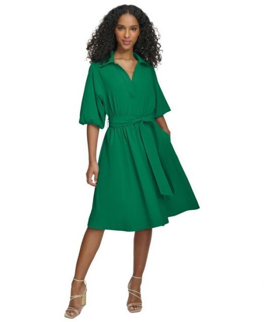送料無料 カルバンクライン レディース ワンピース トップス Women s Belted Puffed-Sleeve Shirt Dress Meadow