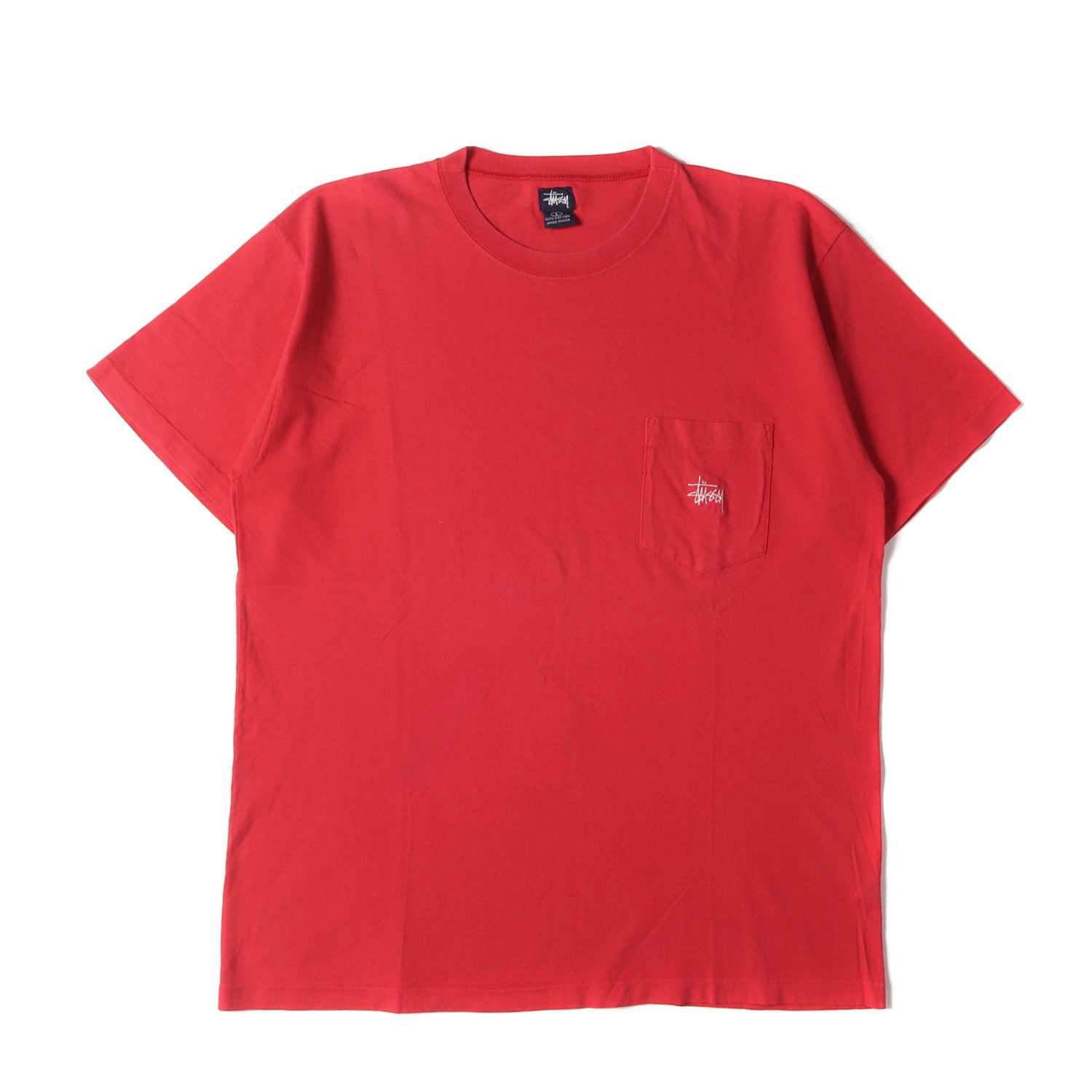 STUSSY ステューシー Tシャツ サイズ:L 90s OLD STUSSY ストックロゴ刺繍 ポケット クルーネック 半袖Tシャツ USA製 レッド トップス カットソー【メンズ】