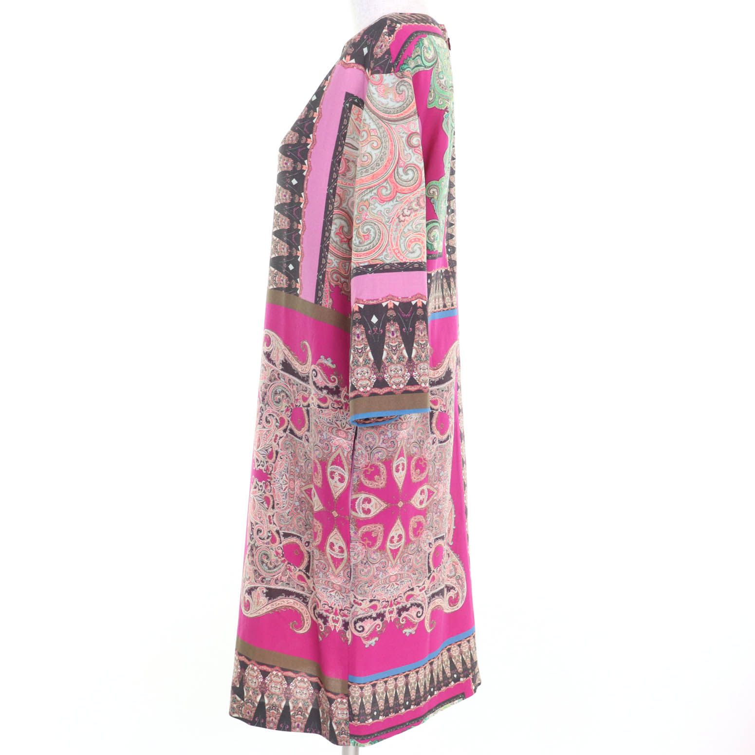 ETRO エトロ ウール100% ペイズリー柄 オブロング ネック 七分袖 ひざ丈 ワンピース ピンク マルチ 38 イタリア製 レディース