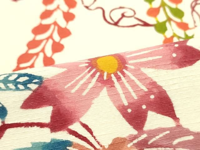 平和屋着物○九寸名古屋帯 紬地 型染め 花鳥文 薄卵色