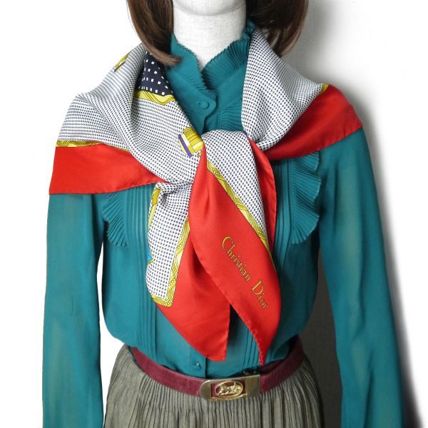 Dior Vintage 千鳥格子 ロゴ 宝石 大判シルクスカーフ（赤系） - メルカリ