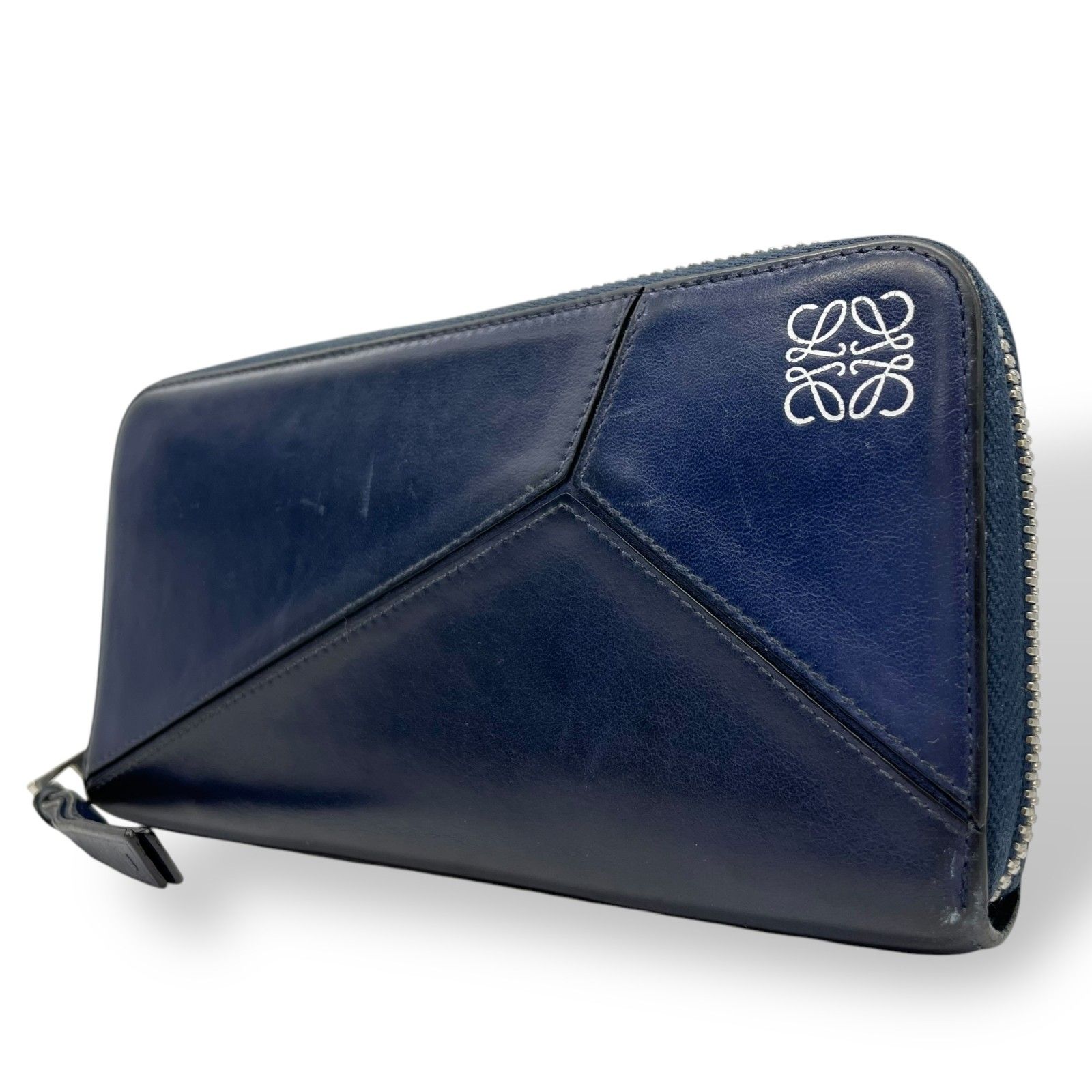 LOEWE ロエベ 長財布 パズル パズルステッチ ラウンドファスナー アナグラム レザー 本革 ネイビー 紺色 シルバー金具 M1
