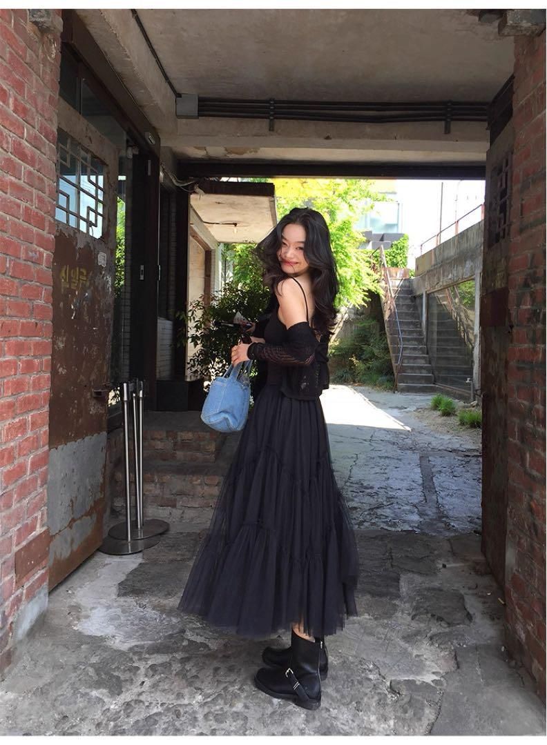夏秋 韓国風ハイウエストロングワンピースレースキャミソールメッシュチュールドレス