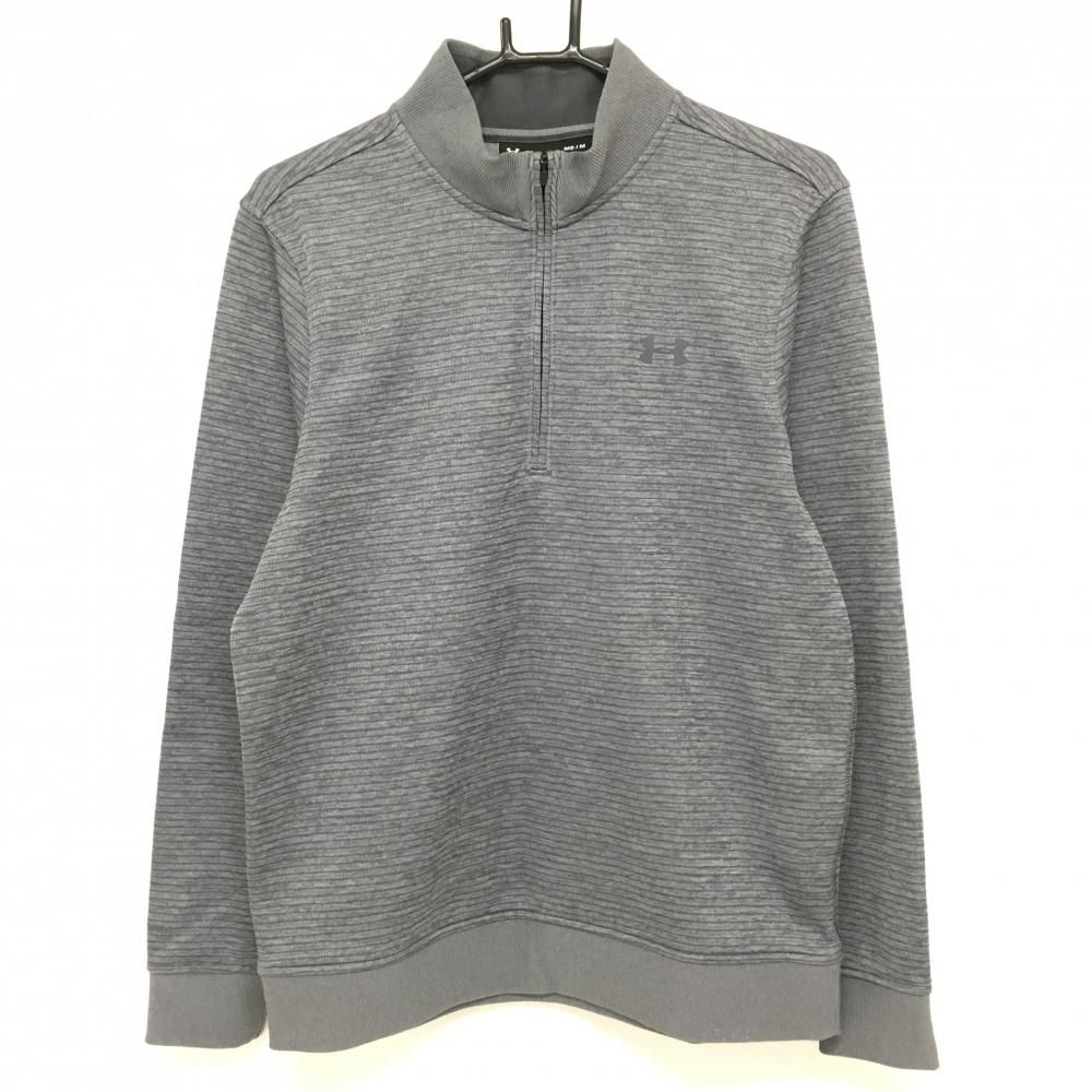 SALE20％OFF【超美品】アンダーアーマー ハイネックセーター グレー ボーダー ハーフジップ ニット 裏起毛 メンズ MD/M ゴルフウェア UNDER ARMOUR