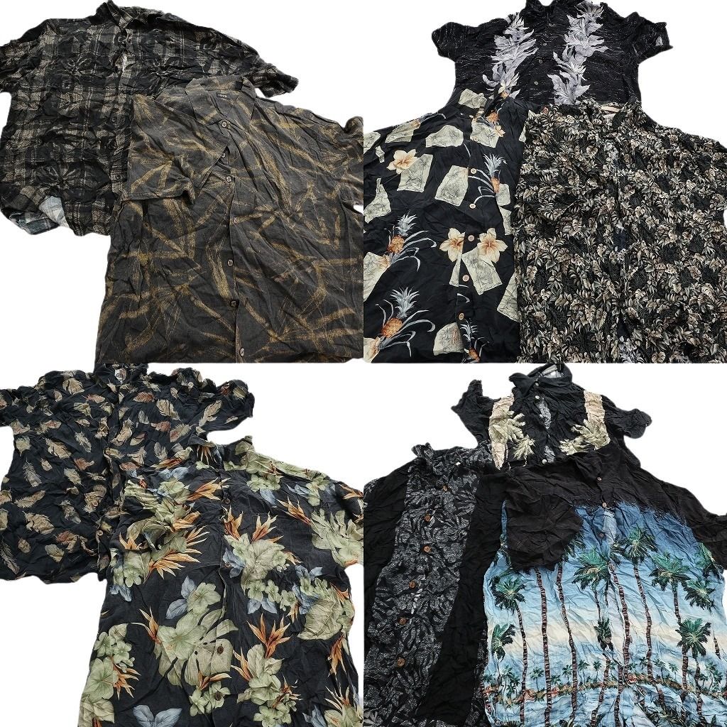 古着卸 黒ボディ アロハシャツ 半袖シャツ 10枚セット メンズ XL ハイビスカス ホリゾンタルパターン 古着 NA3190