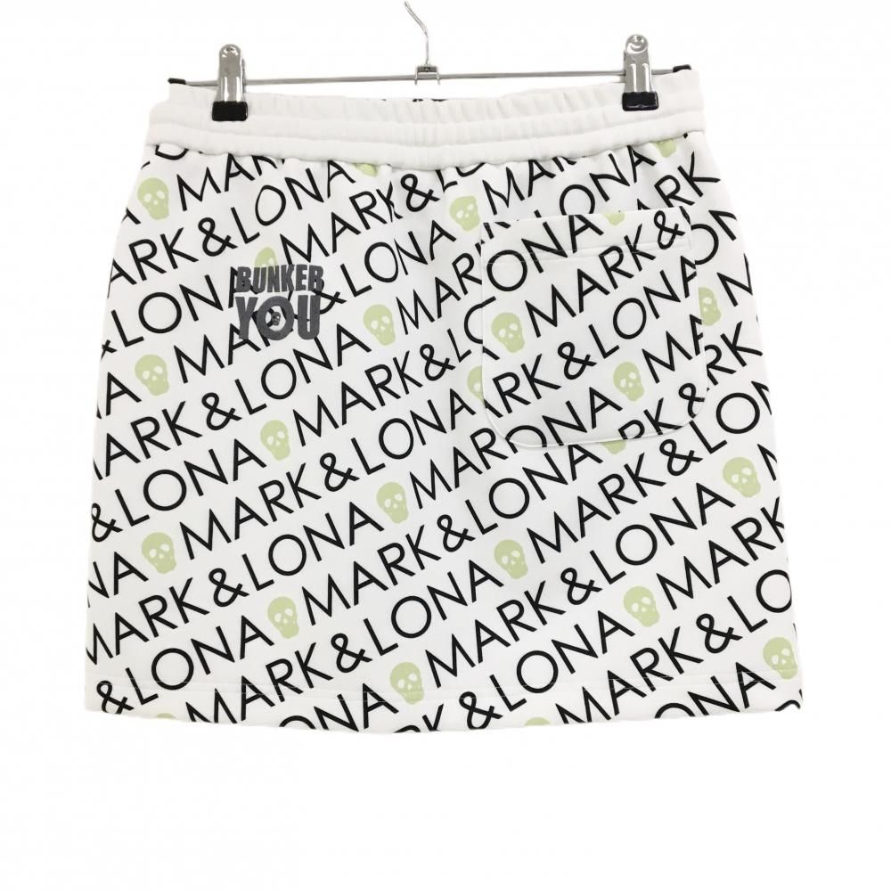 価格 マークアンドロナ スカート 白×黒 斜めロゴ総柄 スカル ウエストゴム レディース 38 M ゴルフウェア モデル MARK&LONA