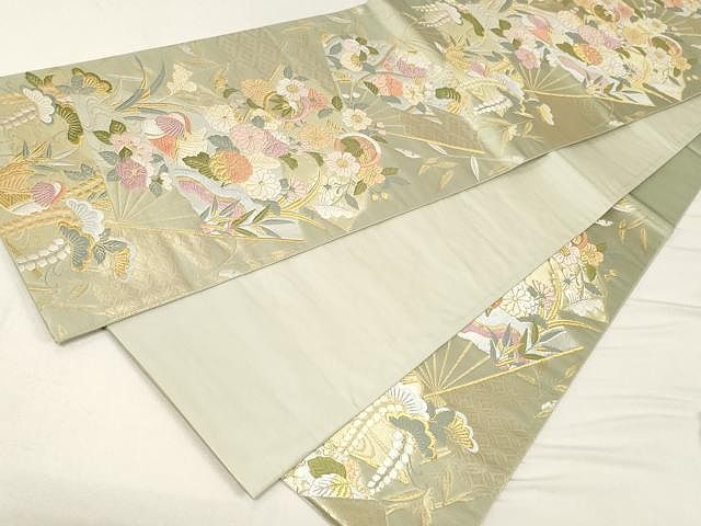 平和屋着物▽六通柄袋帯 唐織 扇面鴛鴦花文 金銀糸 正絹 逸品