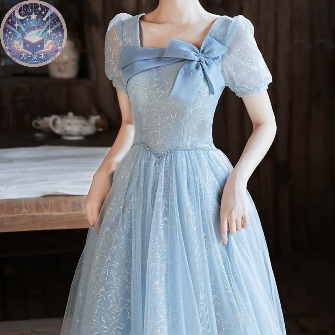 胸元のビジューにリボンが可愛い 半袖のイブニングドレス 胸元のビジューにリボンが可愛い 半袖のイブニングドレス