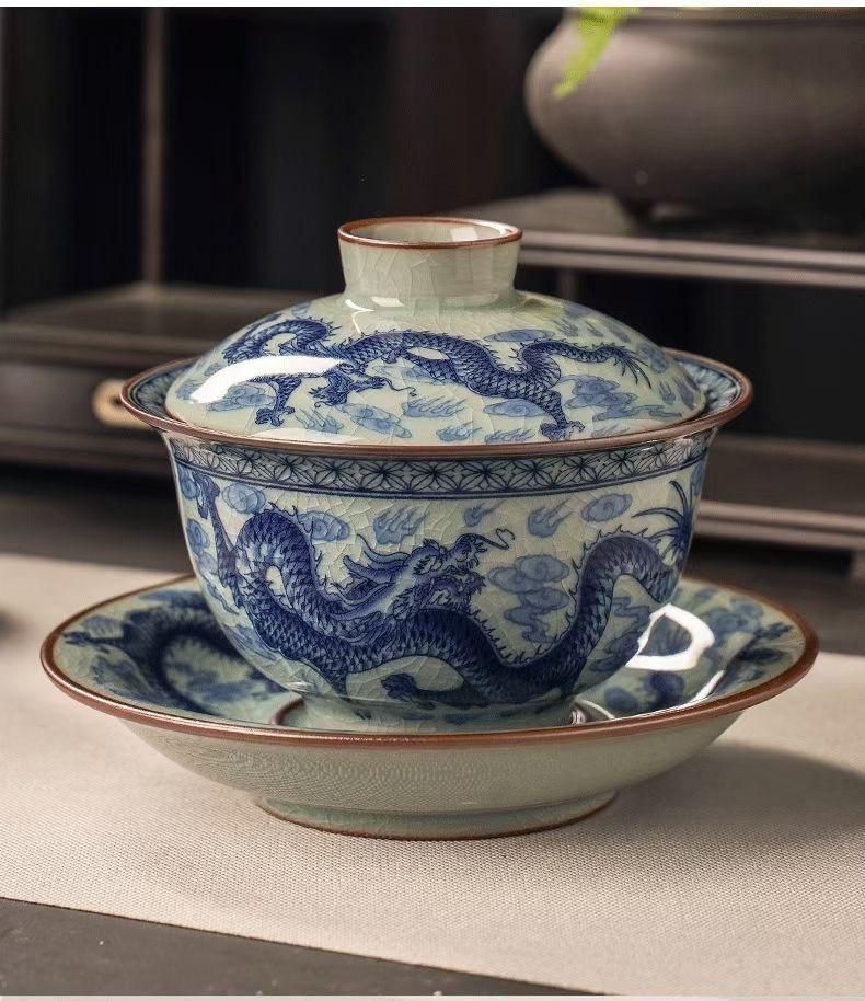 中国茶器 景徳鎮 青花九竜三才蓋碗 茶碗 新品未使用 中国茶器