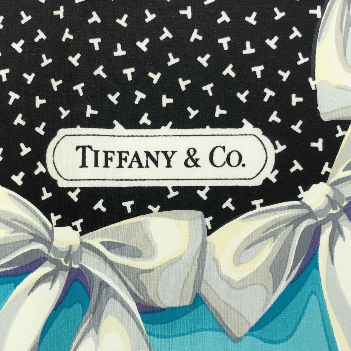 【TIFFANY＆Co】 ティファニーブルーのリボン柄スカーフ ティファニー Tiffany&Co./スカーフ リボン Tロゴ ブルー