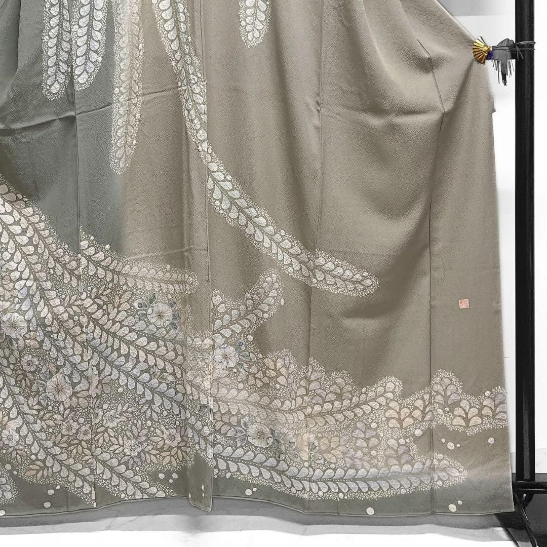 訪問着　辻ヶ花　絞り　たたき染　くすみカラー　グリーン　着物　023a d 特選絞り染め訪問着❣️【辻ヶ花文様⭐️深緑色×抹茶色