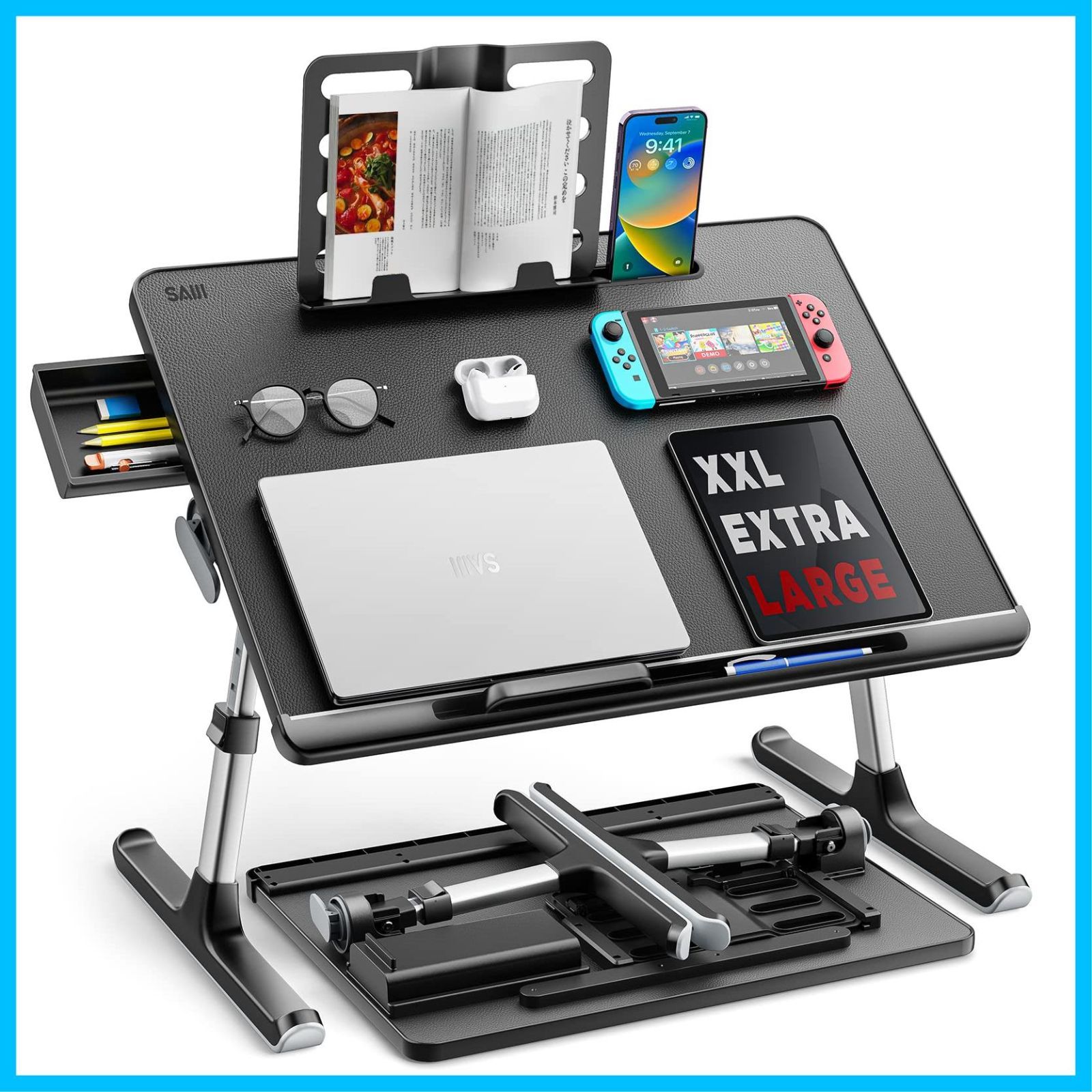 【在庫セール】勉強 軽量 40kg荷重 表面PVC加工 食事 ブックスタンド付き 引き出し 高さ調整 一人暮らし 角度 大容量天板 ちゃぶ台 K7 ノートPCパソコン ベッドテーブル ローテーブル (ブラック60*45cm) ミニテーブル「安定性強化版」机 折