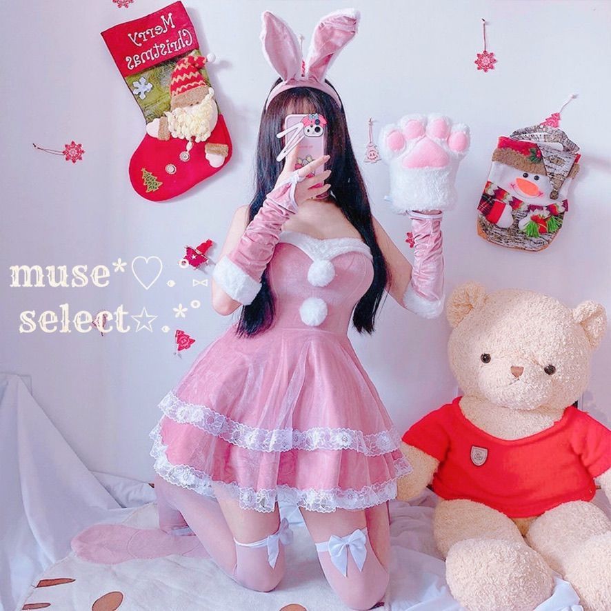 韓国 セット サンタクロース ワンピース バニーガール コスプレ 即納】XLピンクセクシーバニーガール ミニワンピースドレス