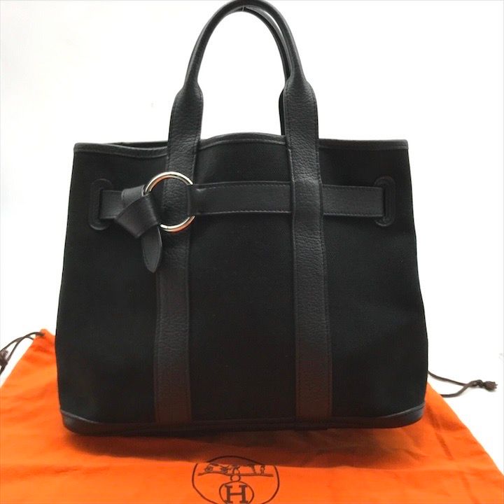 HERMES エルメス プティット サンチュール PM キャンバス SV金具 ハンド トート バッグ ブラック レディース ブランド a8697