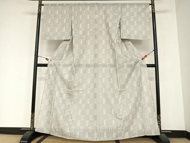 平和屋着物*夏物 色無地 風通 市松花紋紗 銀鼠色 正絹 AABB1337np