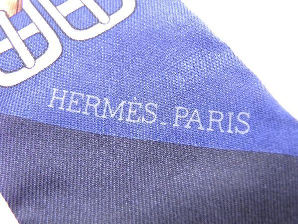 ■新品■未使用■ HERMES エルメス Jumping ジャンピング シルク100％ ツイリー リボンスカーフ ネイビー系 AH5163ｵZ状態