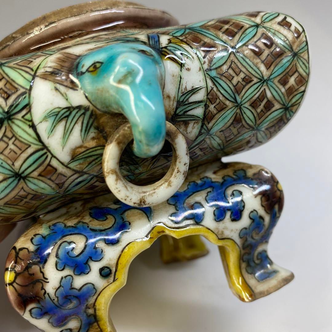 江戸後期~明治 青九谷 獅子香炉 木箱付 高さ14㎝ 東