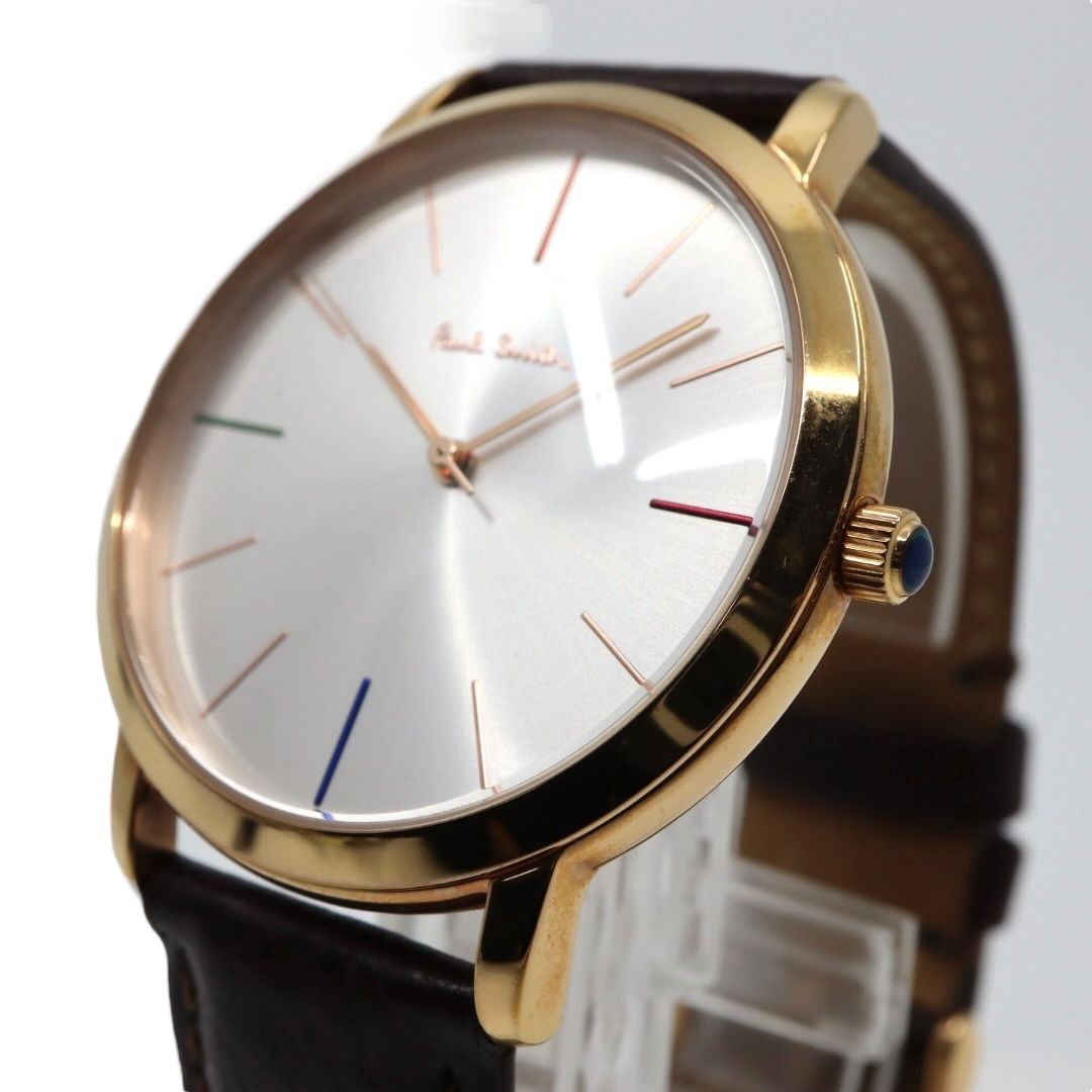ポールスミス 腕時計 The City Slim 1005 メンズ クオーツ アナログ シルバーダイヤル ブラウンレザーベルト ゴールドケース シンプル クラシック ビジネス ドレスウォッチ エレガント 薄型 クリーニング済み G2