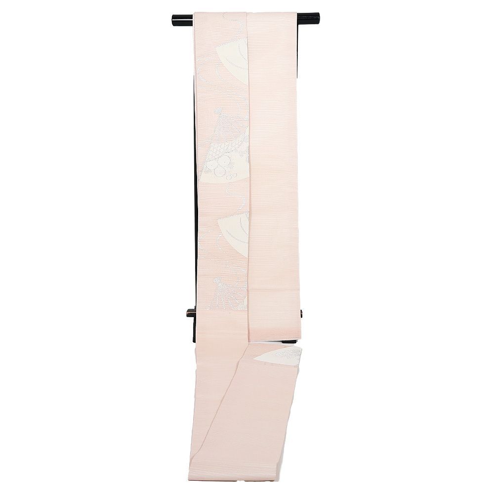 堅絽 名古屋帯 正絹 ピンク 扇子 万寿菊 桔梗 N3030 美品 夏帯 M