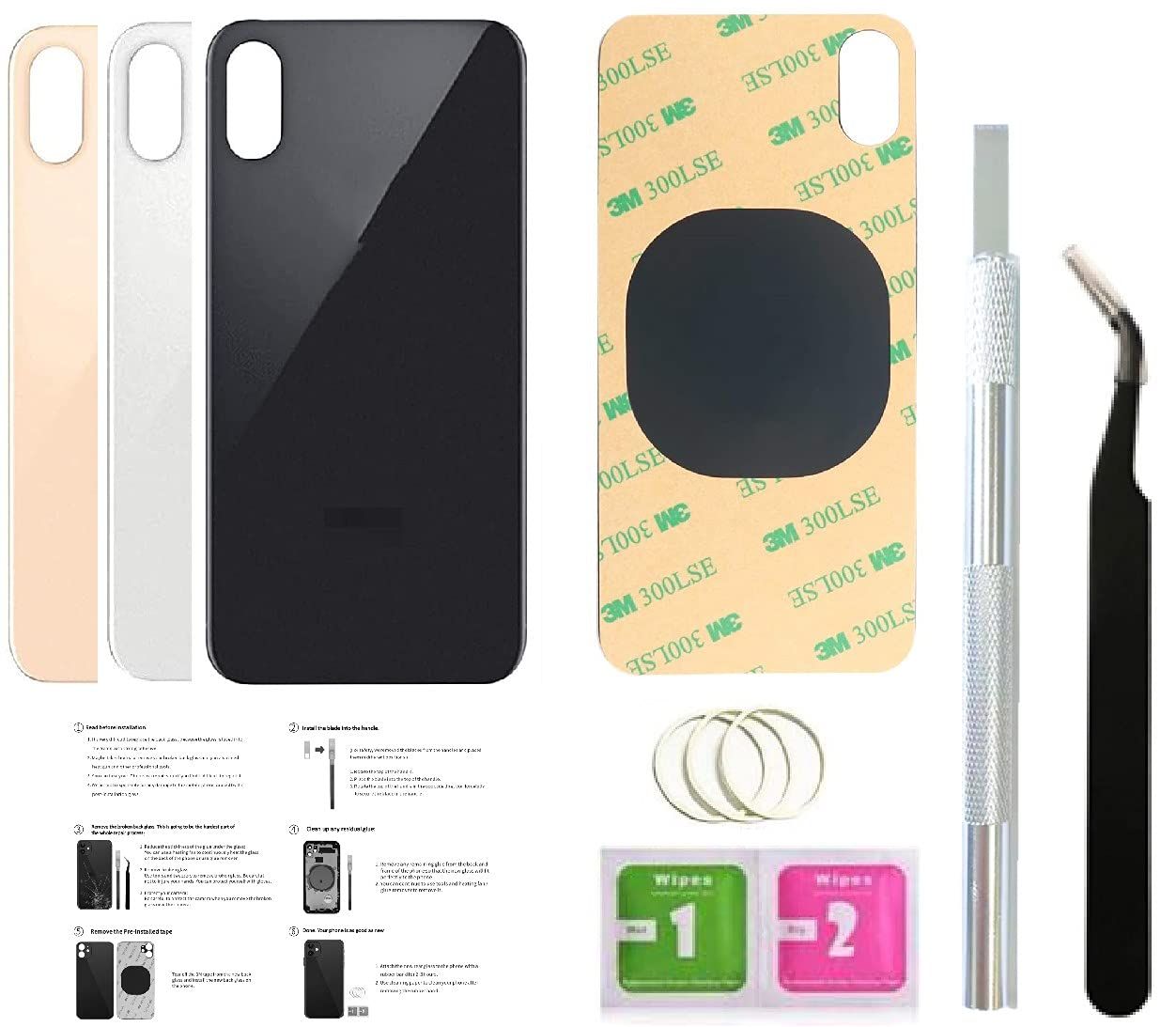 Day-market iPhone Xs Max用バックガラス交換用バックカバーガラス(6.5インチ)2個 テープと修理ツール(シルバー/ホワイト) [シルバー/ホワイト]