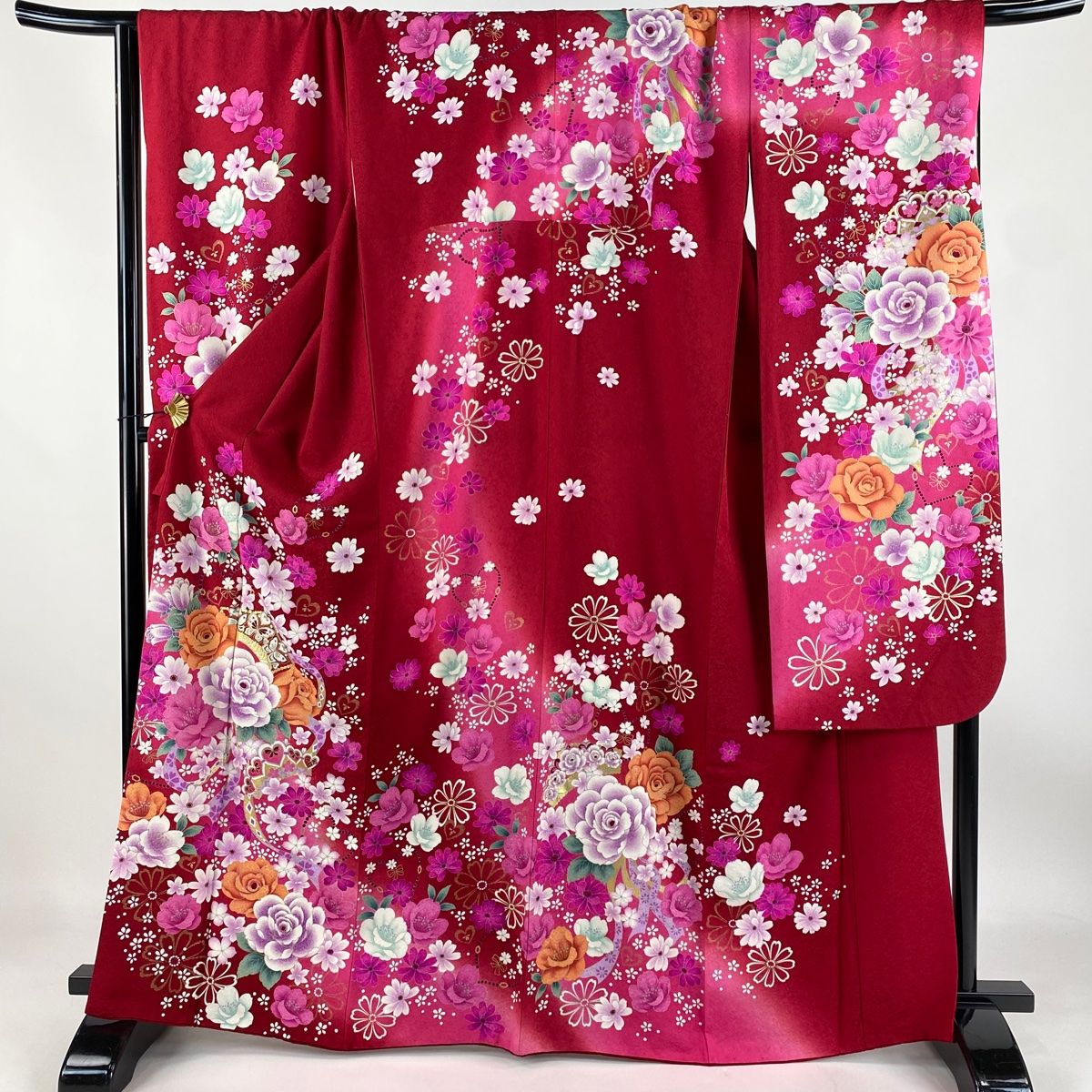 振袖 身丈166.5cm 裄丈71cm L 袷 薔薇 リボン 金彩 ぼかし 赤 正絹 秀品