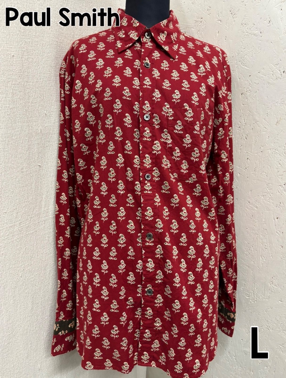 ポールスミス　Paul Smith 長袖シャツ　花柄　バラ　総柄　レッド　赤　L Paul Smith ポールスミス Twilight Floral プリントシャツ S