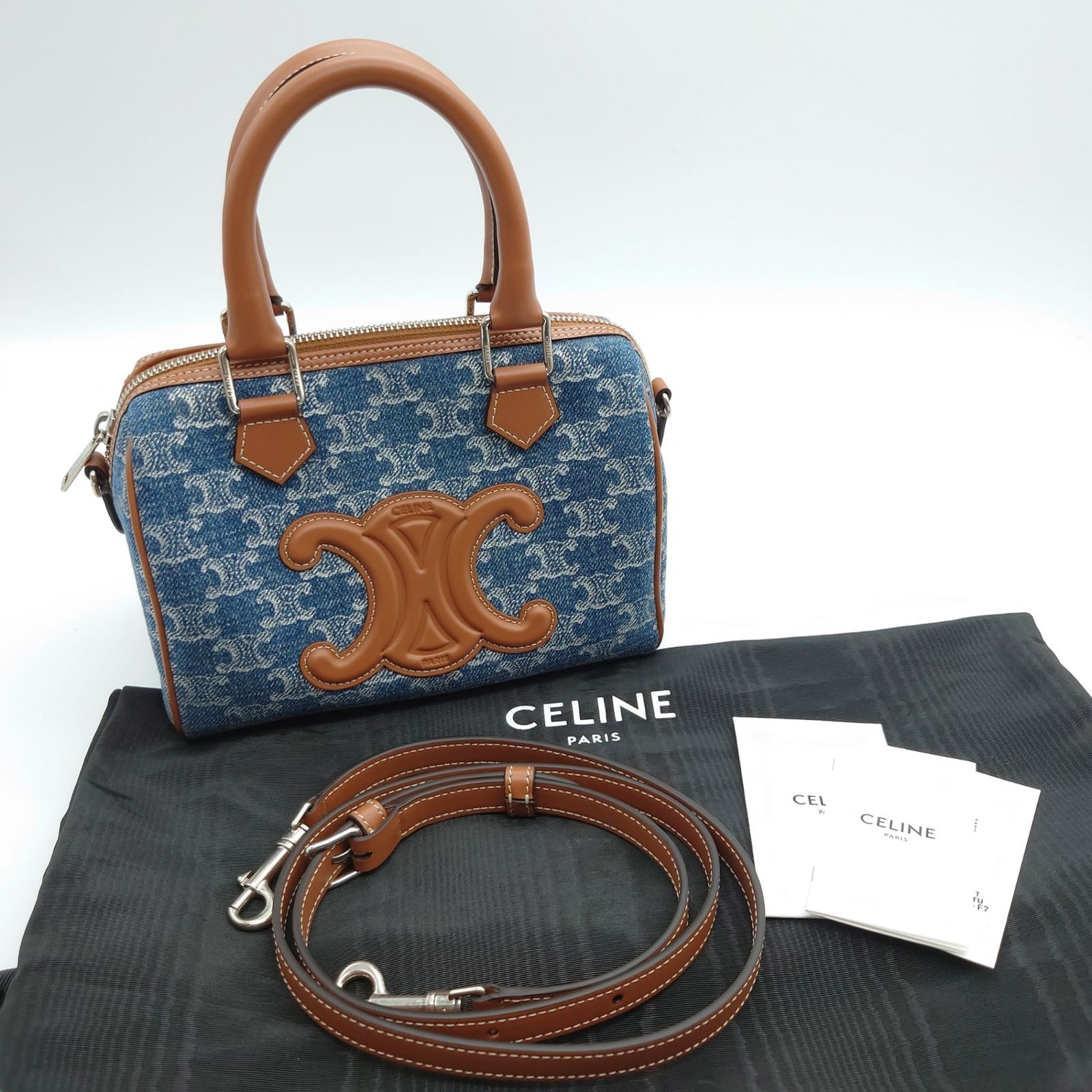 【美品】CÉLINE レザー ハンドバッグ ホワイト ブラック ブルー セリーヌラゲージ マイクロショッパー 黒/白 レディース レザー