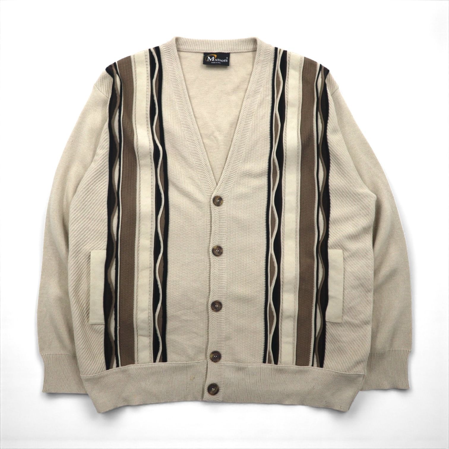 VINTAGE イタリア製 ニット カーディガン ３D L ベージュ ウール MASSOTI メリノウール